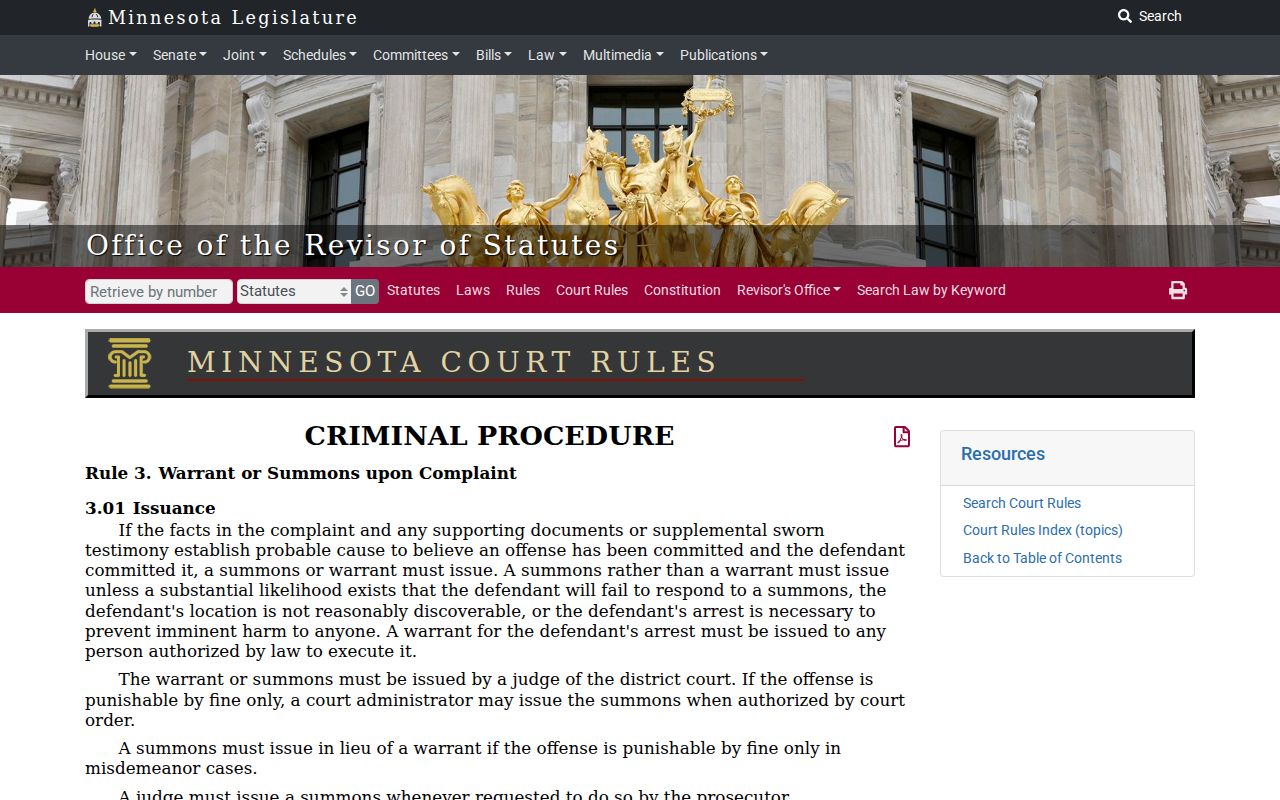 Meeker County Warrant Records: Minnesota Rule 3 text on probable cause and summons or warrant issuance