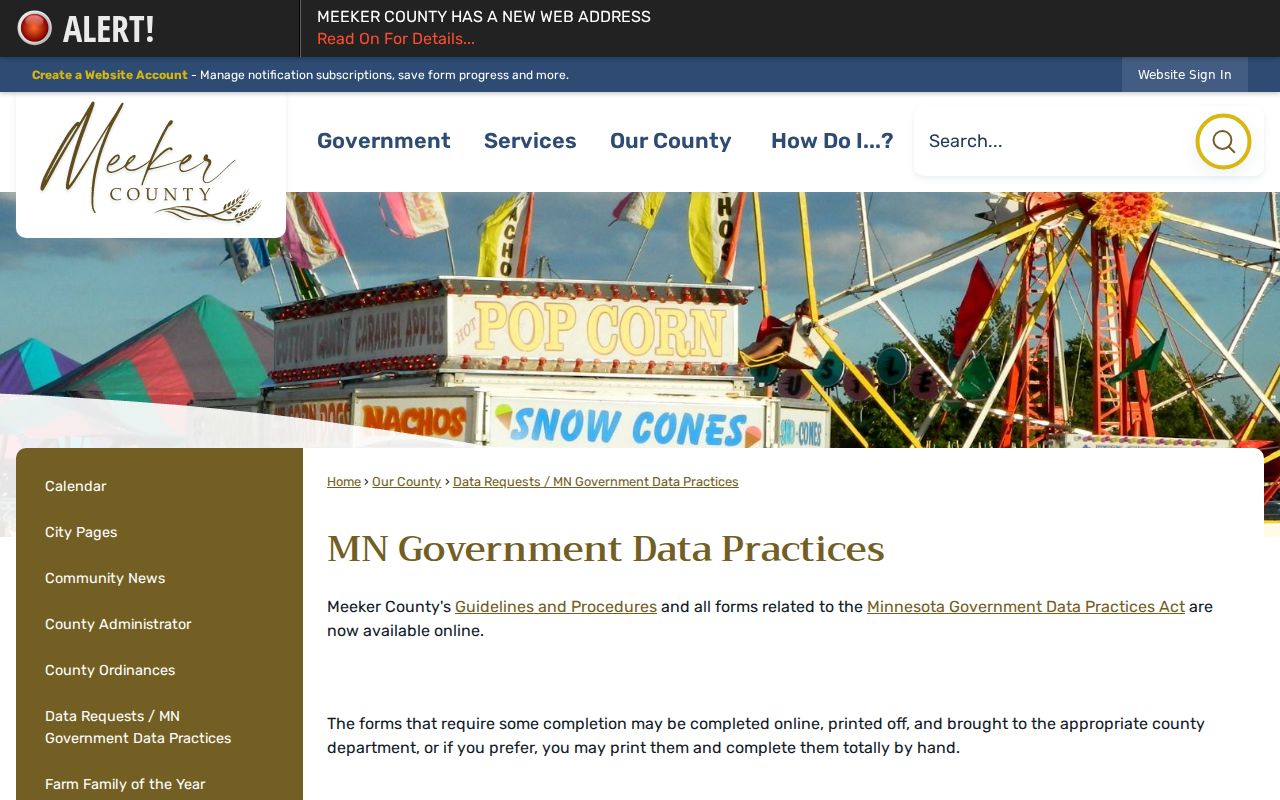 Meeker County Warrant Records: county data request page with Minnesota Government Data Practices Act form links