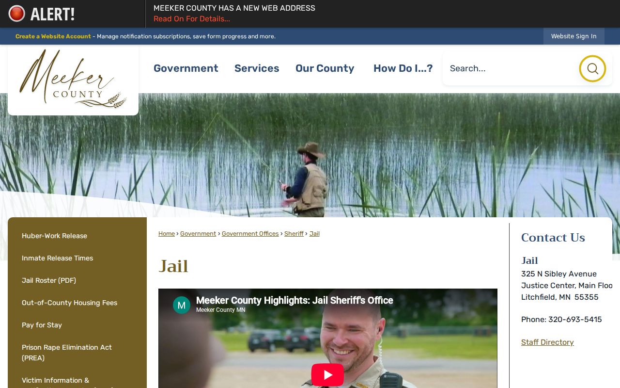 Meeker County Warrant Records: official jail page showing the Justice Center address and detention phone number