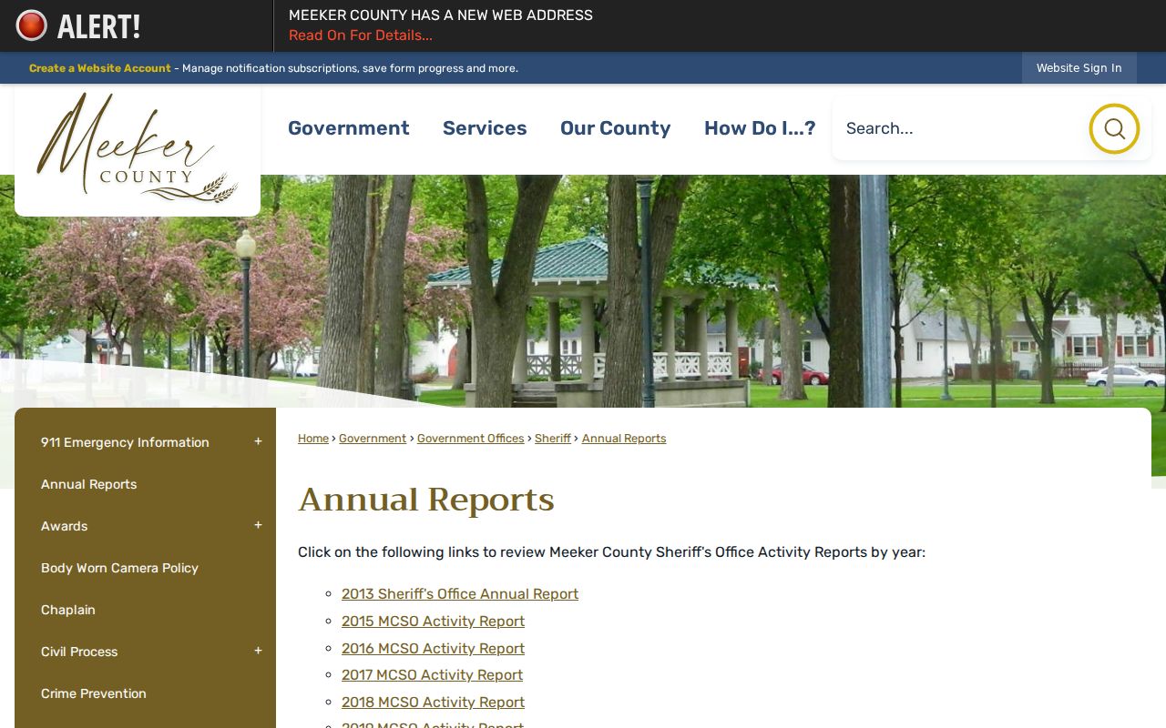 Meeker County Warrant Records: county annual report index with the Sheriff's Office activity reports