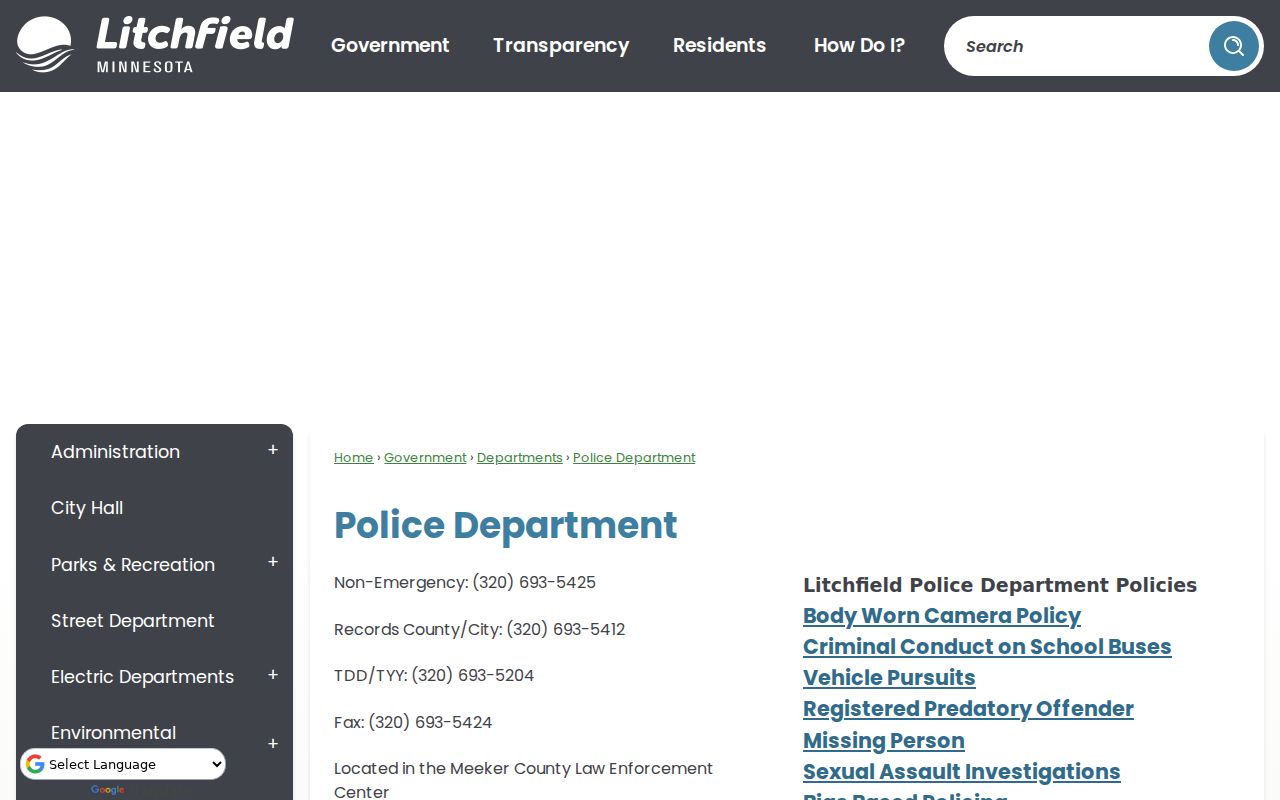 Litchfield police department contact page for checking Litchfield warrant records