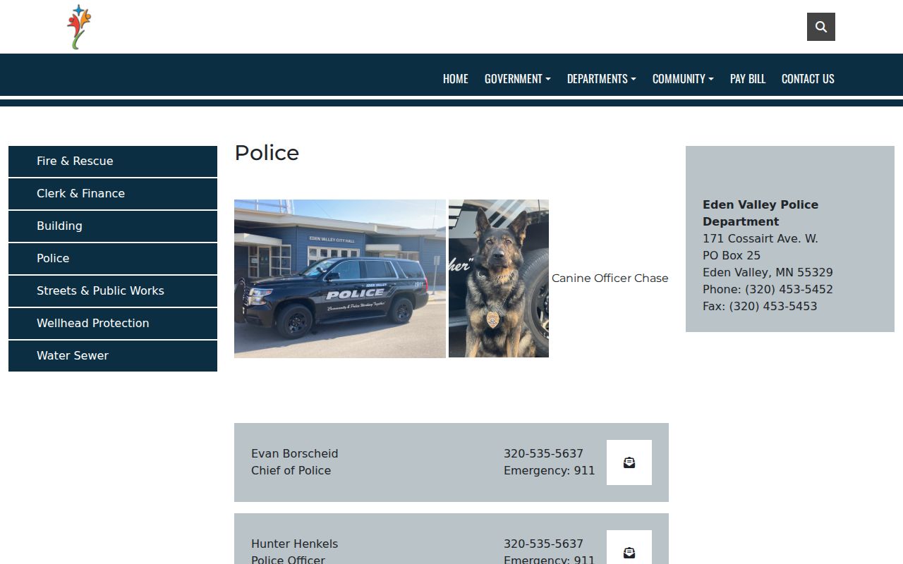 Eden Valley police department contact page for Eden Valley warrant records