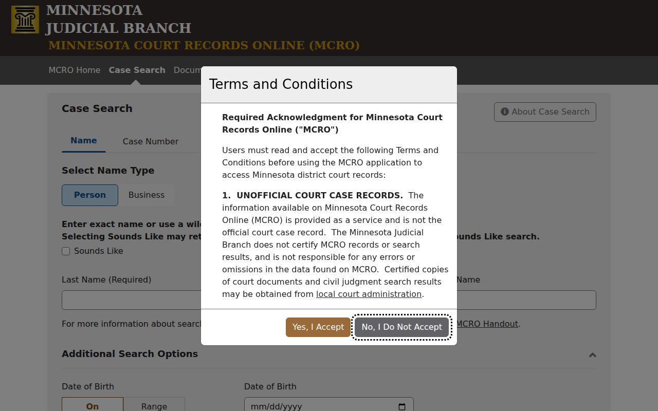 Meeker County Warrant Records: Minnesota Court Records Online case search fields and options